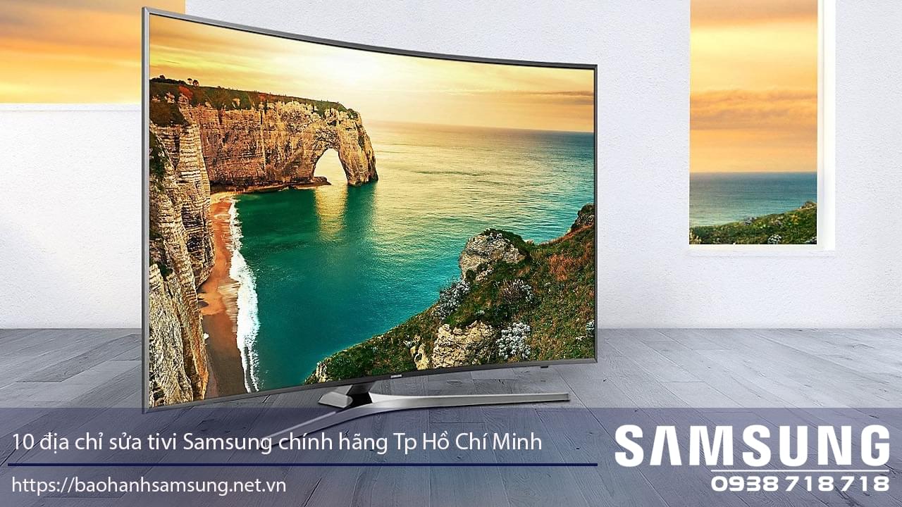 43MBMGUQ, 65 inch Samsung curved UHD smart TV showcasing scenic coastal landscape at sunset, ideal for home entertainment, backed by official Samsung Vietnam warranty and support.