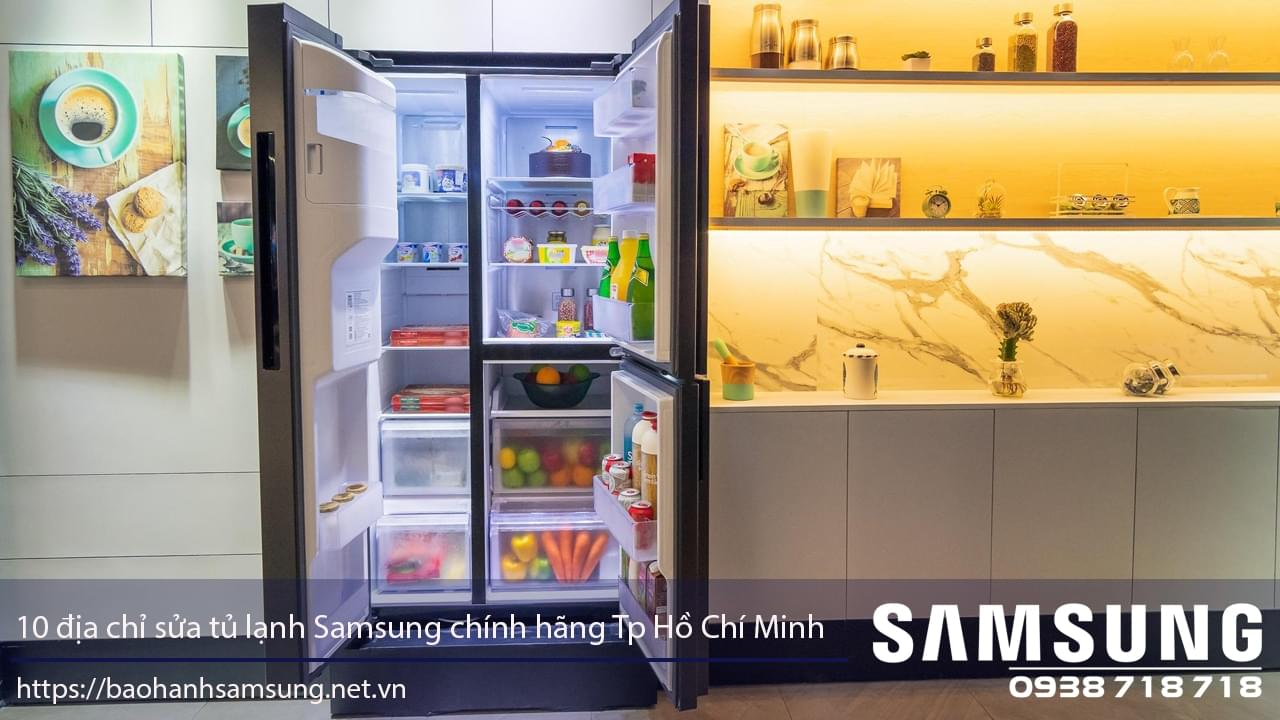 Refrigerated Samsung fridge filled with various food items for warranty service in Ho Chi Minh City, Vietnam.
