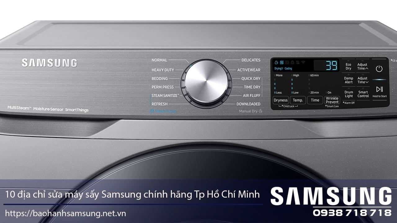 Cleaning a Samsung washing machine with warranty service in Vietnam, front view of modern washing machine, digital control panel and cycle options, Samsung genuine repair service in Ho Chi Minh City, reliable appliance maintenance.