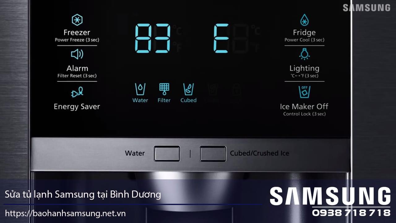 Energy-efficient Samsung refrigerator control panel with touch-sensitive buttons and digital display, showcasing features like water dispenser, ice maker, and temperature settings for optimal kitchen appliance maintenance.