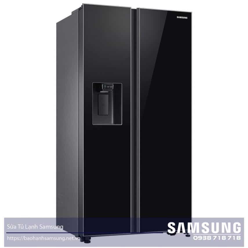 Black Samsung side-by-side refrigerator with water dispenser for optimal food storage and Samsung warranty service in Vietnam.