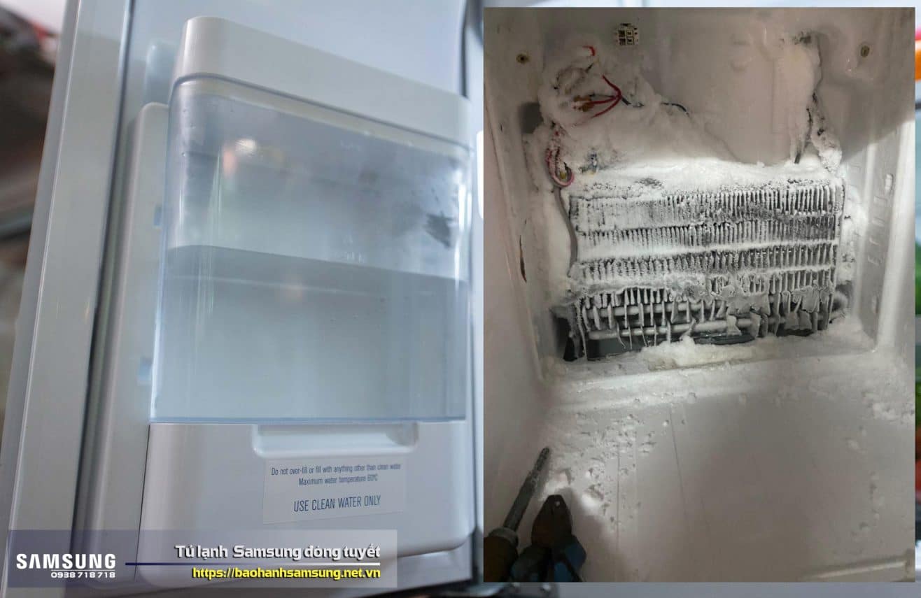 Samsung Vietnam warranty service for refrigerator, showcasing the internal components and maintenance status of Samsung freezer. The image highlights equipment cleaning and repair processes.