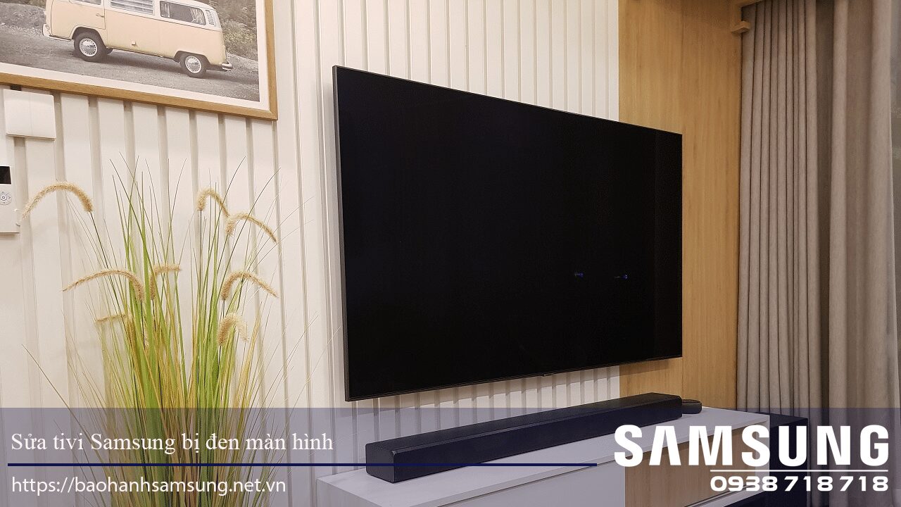 TV repair involving Samsung television with a black screen, showcasing a modern living room setup with a wall-mounted flat-screen TV, soundbar, and stylish decor.