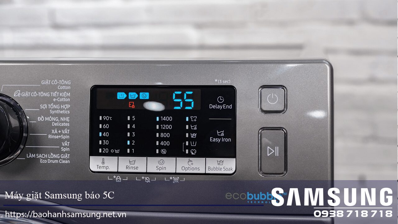 Automatic washing machine display panel with Samsung eco bubble technology, focusing on warranty service in Vietnam.