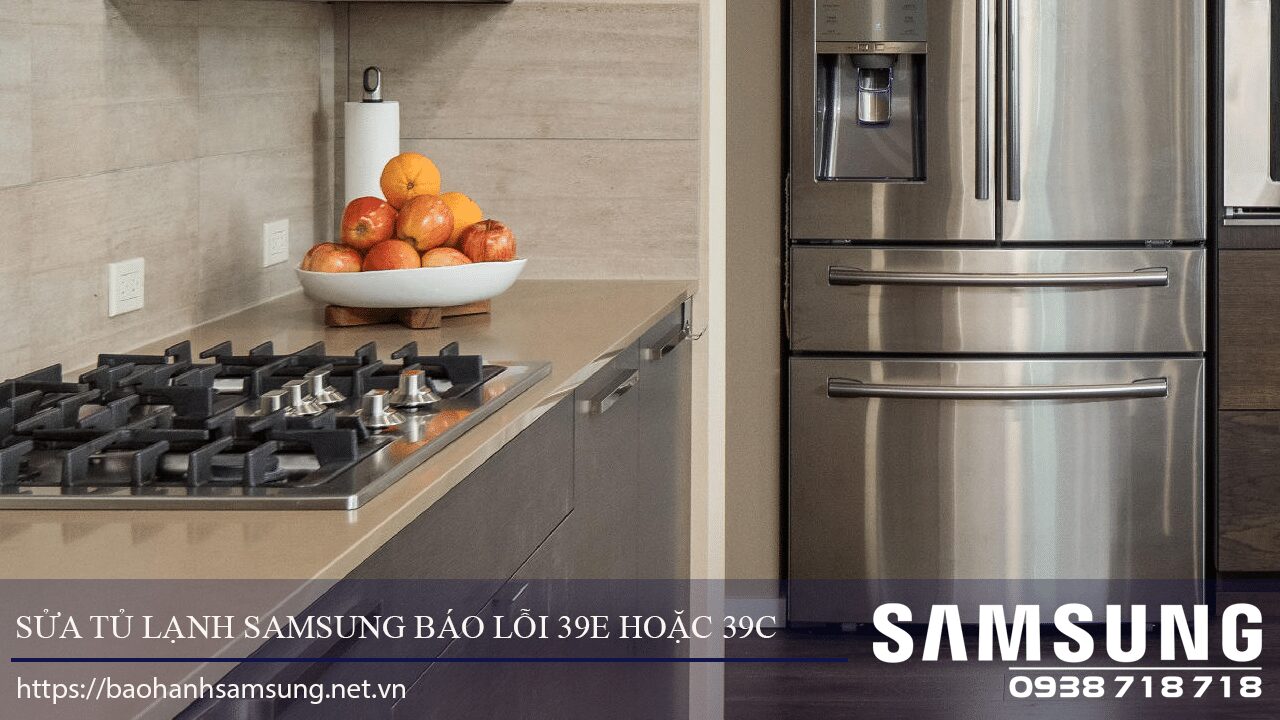Stainless steel Samsung refrigerator with error codes 39E or 39C in modern kitchen setting.