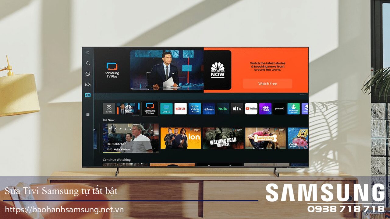 High-quality Samsung TV displaying various streaming apps and news channels with a sleek modern design.