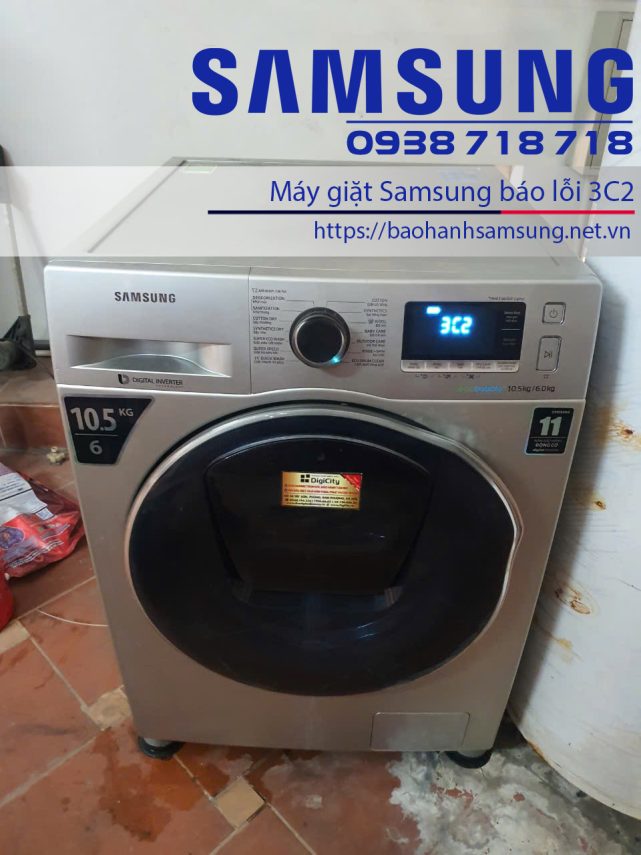 Samsung washing machine with repair service hotline in Vietnam, displaying error code 3C2. Expert warranty support and troubleshooting for Samsung laundry appliances.