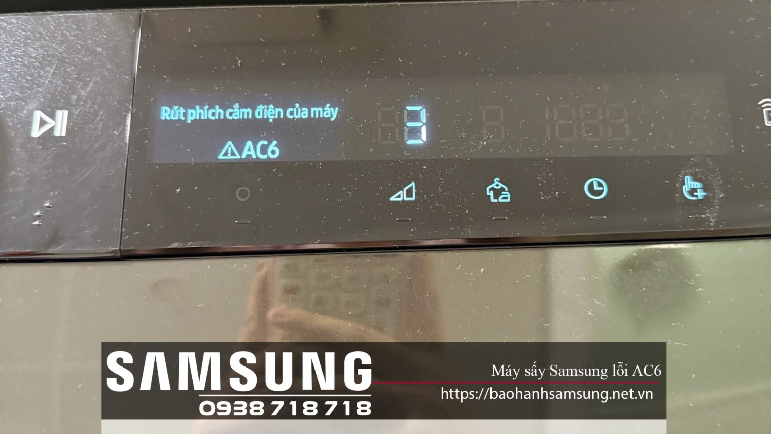 AC6 Samsung washing machine power cord reset error, digital display panel, touch controls, troubleshooting guide, Vietnam authorized service center.
